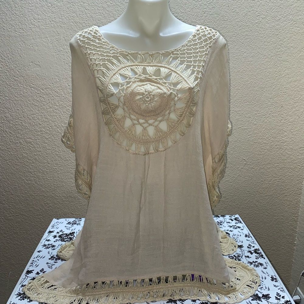 * bohemian tan Crochet Tunic size 1X with crochet trim - Picture 2 of 9